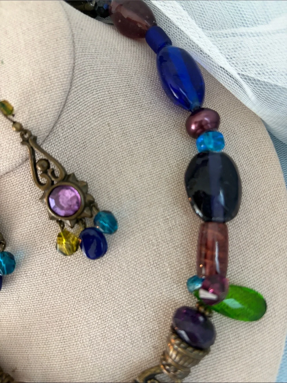 Chico's Green and Purple Statement Necklace with Matching Earrings Pierced